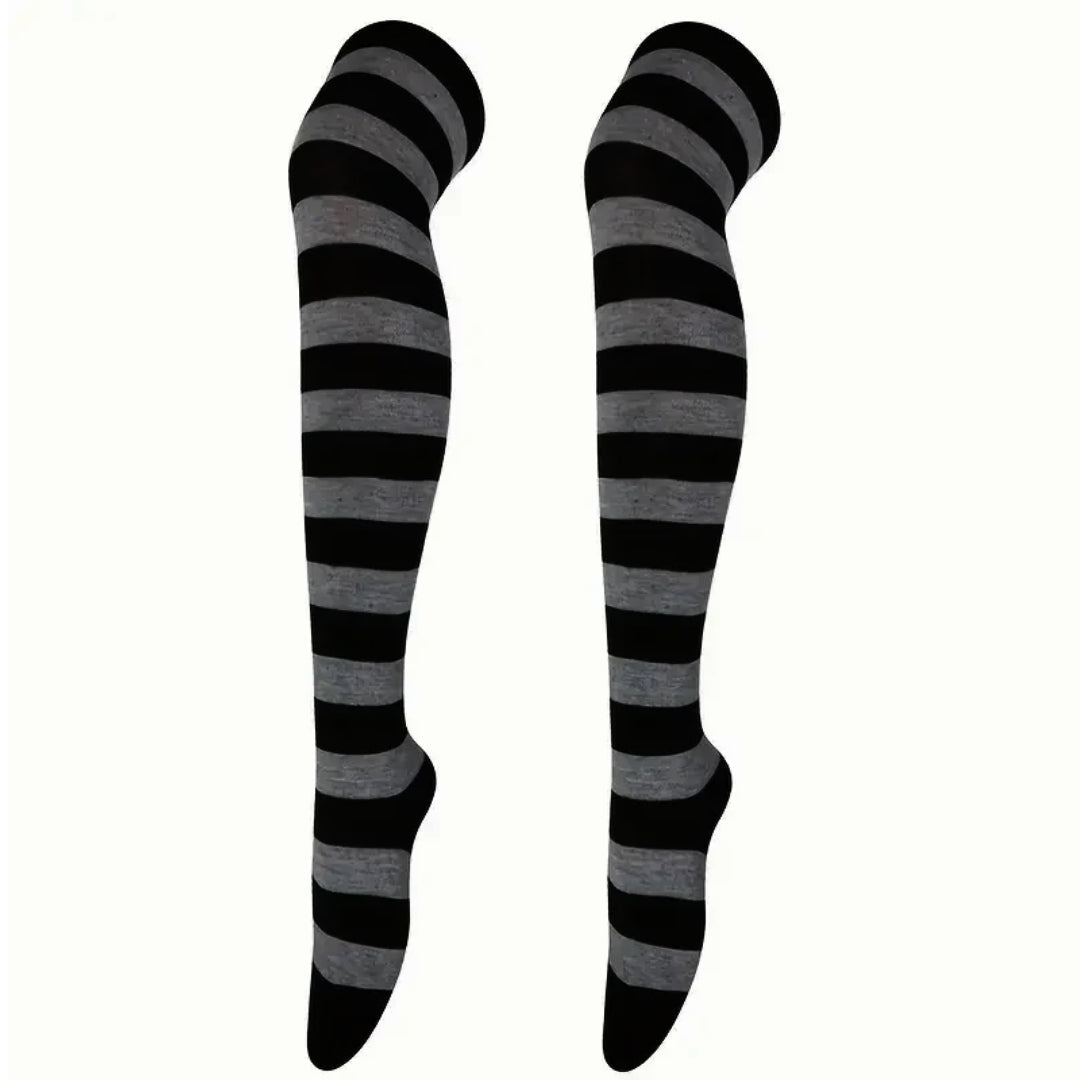 Striped Patterned Socks (Thigh High) Dark Gray and Black