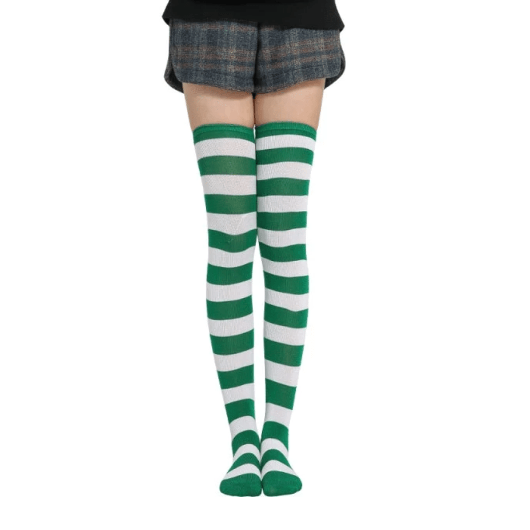 Striped Patterned Socks (Thigh High) Green and White