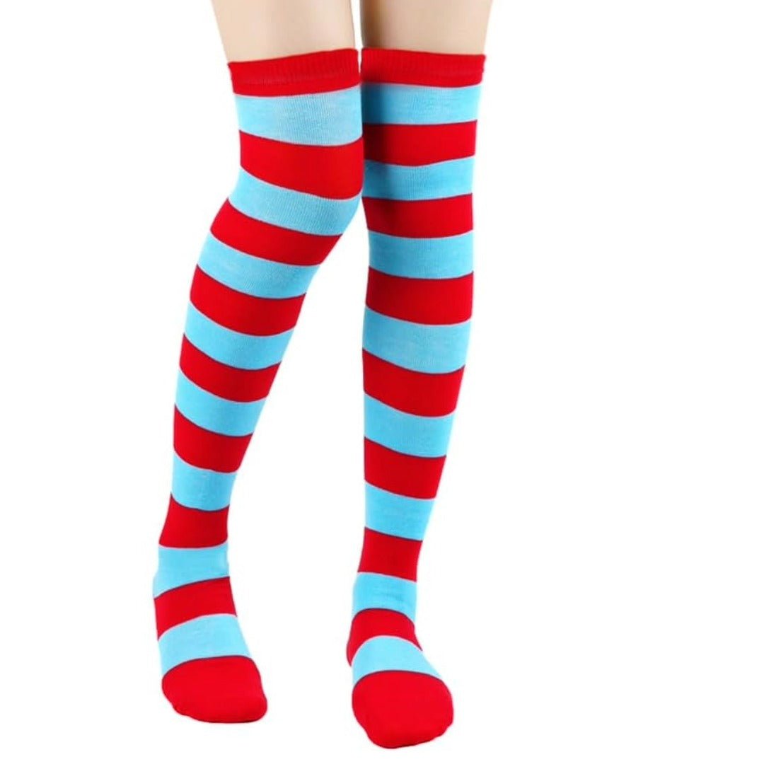 Striped Patterned Socks (Thigh High) Light Blue and Red