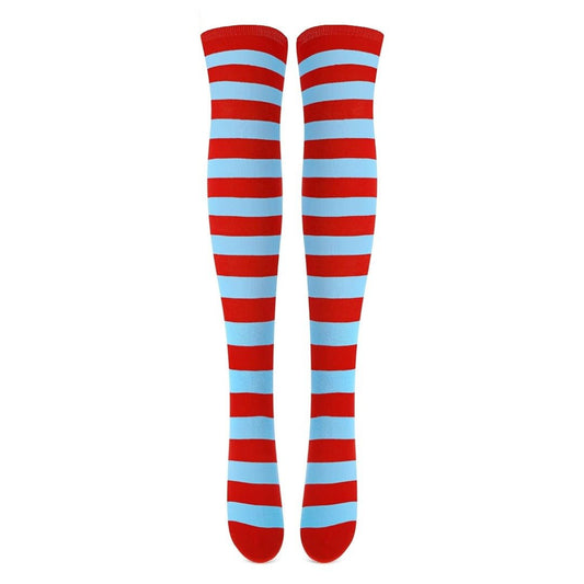Striped Patterned Socks (Thigh High) Light Blue and Red