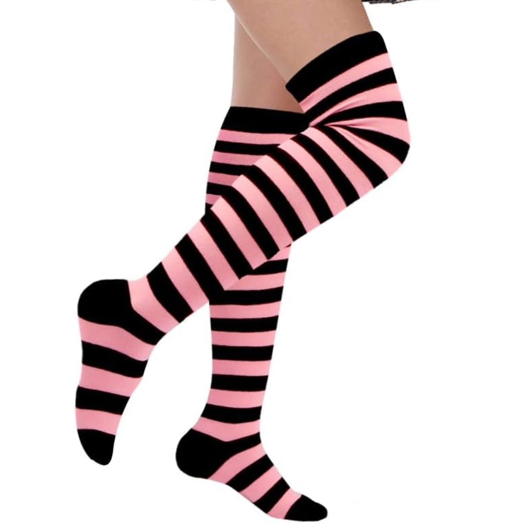 Striped Patterned Socks (Thigh High) Pink and Black
