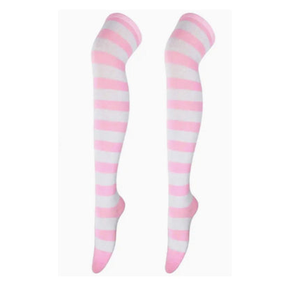 Striped Patterned Socks (Thigh High) Pink and White