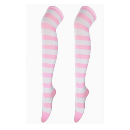 Striped Patterned Socks (Thigh High) Pink and White