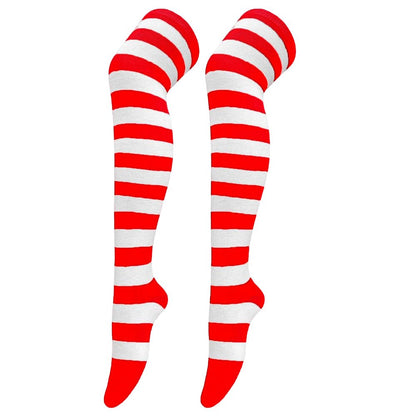 Striped Patterned Socks (Thigh High) Red and White