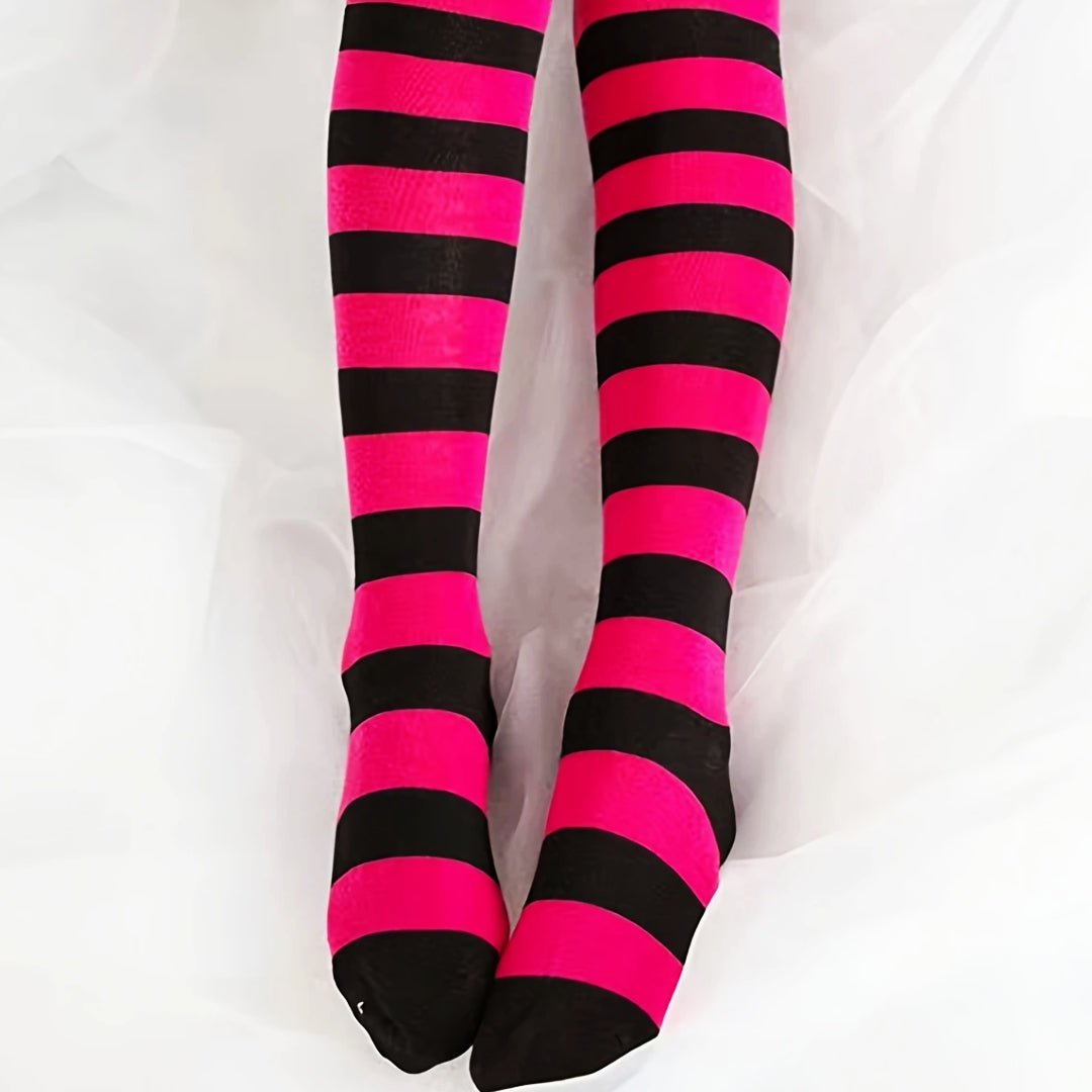 Striped Patterned Socks (Thigh High) Rose Red and Black