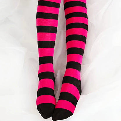 Striped Patterned Socks (Thigh High) Rose Red and Black