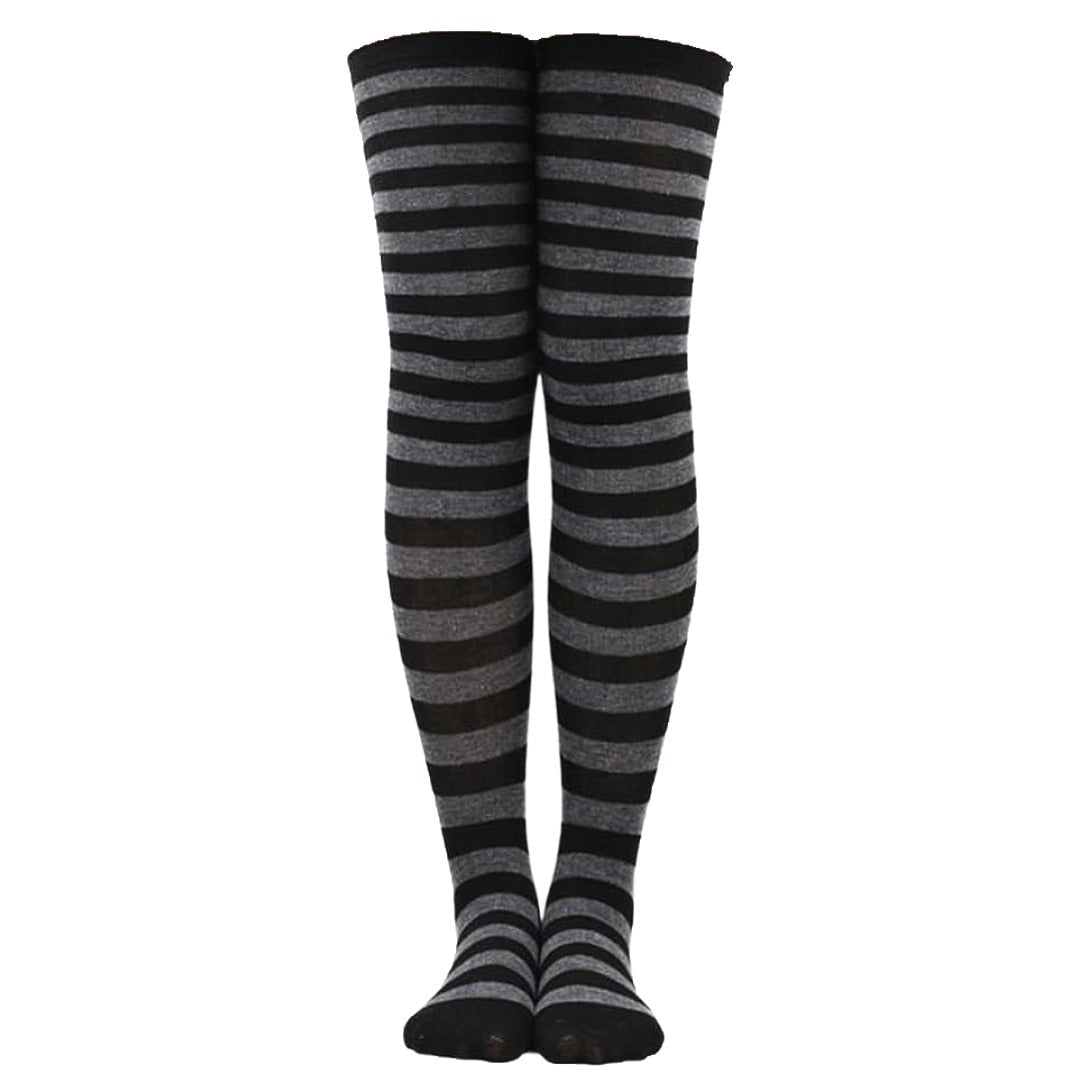 Thin Striped Patterned Socks (Thigh High) Dark Gray and Black