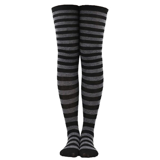 Thin Striped Patterned Socks (Thigh High) Dark Gray and Black