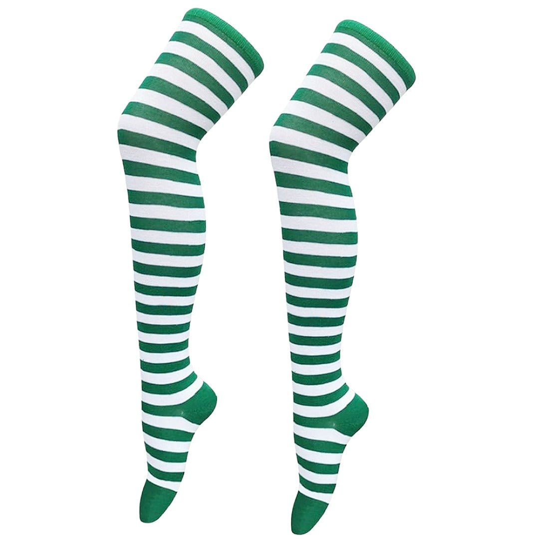Thin Striped Patterned Socks (Thigh High) Kelly Green and Black