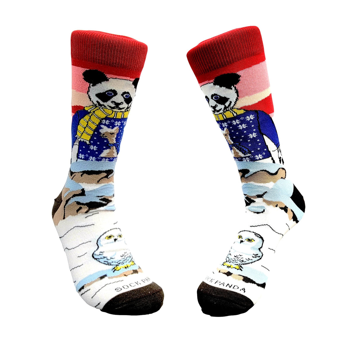 Winter Panda Wearing a Llama Sweater Watching a Snowy Owl (Adult Large - Men's Shoe Sizes 8 - 12)