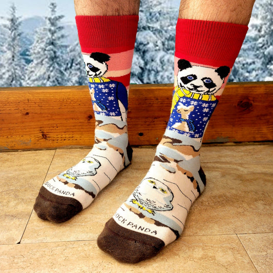 Winter Panda Wearing a Llama Sweater Watching a Snowy Owl (Adult Large - Men's Shoe Sizes 8 - 12)