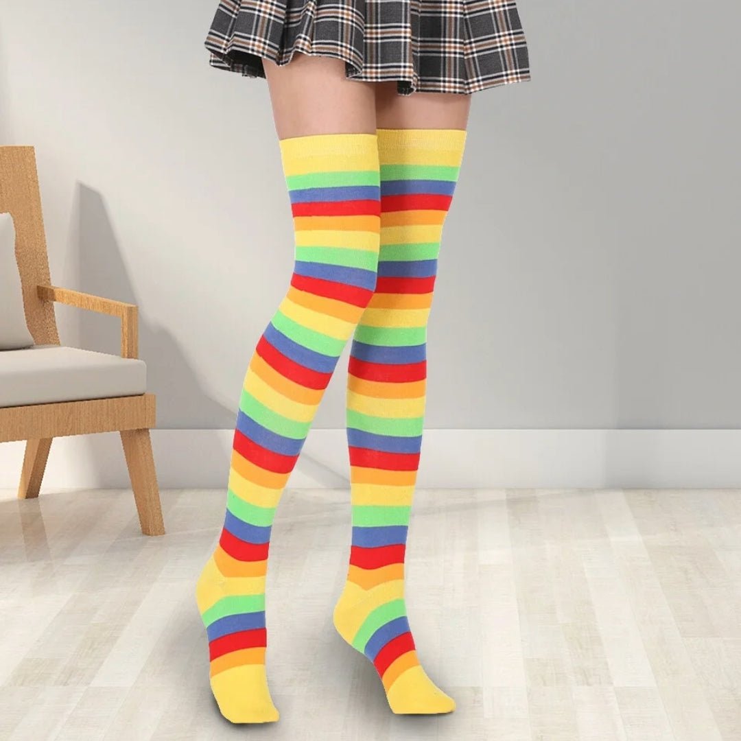 Yellow Rainbow Stripe Pattern Socks from the Sock Panda (Thigh High)