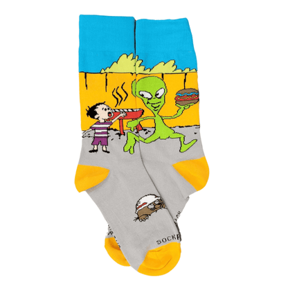 Alien Stealing a Hamburger at a BBQ Socks from the Sock Panda (Adult Small - Shoe Sizes 2 - 5)