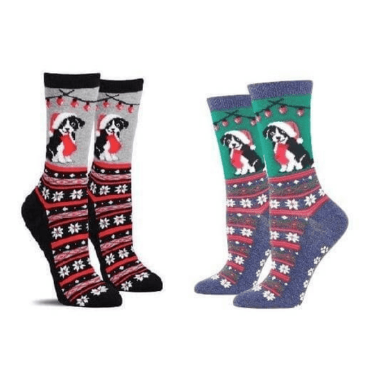 Christmas Border Collie Socks (Adult Medium - Women's Shoe Sizes 5 - 10) - Gray or Green