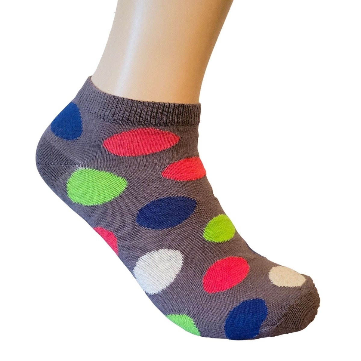 Colorful Polka Dot Patterned Ankle Socks (Adult Medium - Women's Shoe Sizes 5 - 10) Navy Blue Orange Dots