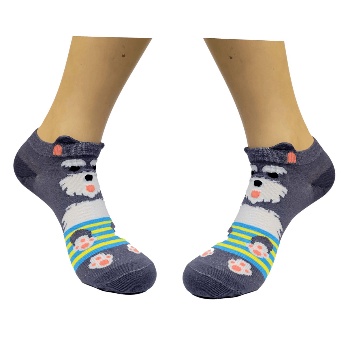 Dark Gray and White Puppy Dog Ankle Socks (Adult Medium - Women's Shoe Sizes 5 - 10)