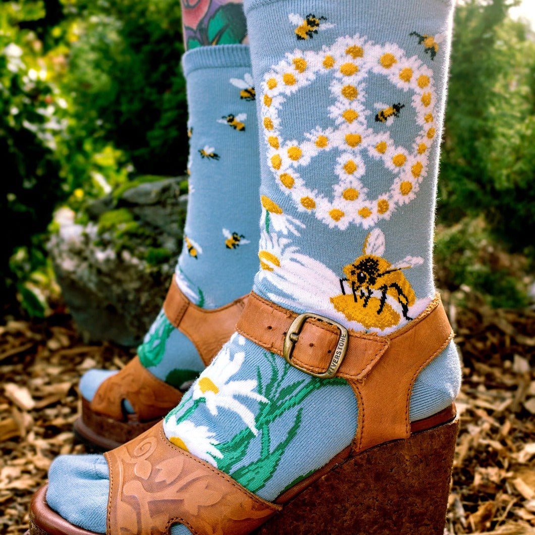 Give Bees a Chance Womens Crew Slate Blue (Adult Medium - Women's Shoe Sizes 5 - 10)