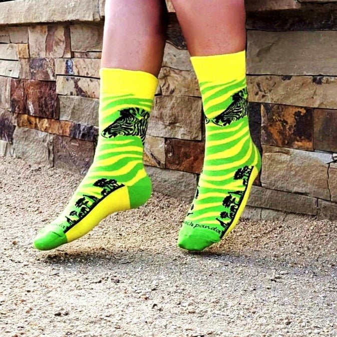 Green and Yellow Zebra Safari Socks from the Sock Panda (Adult Small - Shoe Sizes 2 - 5)