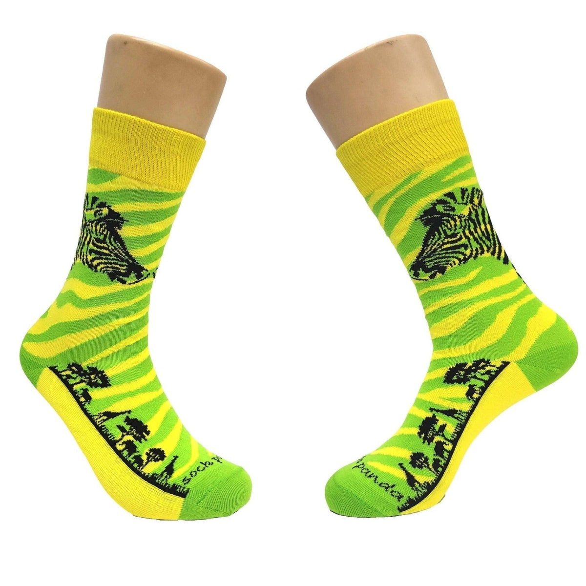 Green and Yellow Zebra Safari Socks from the Sock Panda (Adult Small - Shoe Sizes 2 - 5)