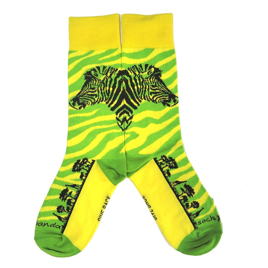 Green and Yellow Zebra Safari Socks from the Sock Panda (Adult Small - Shoe Sizes 2 - 5)