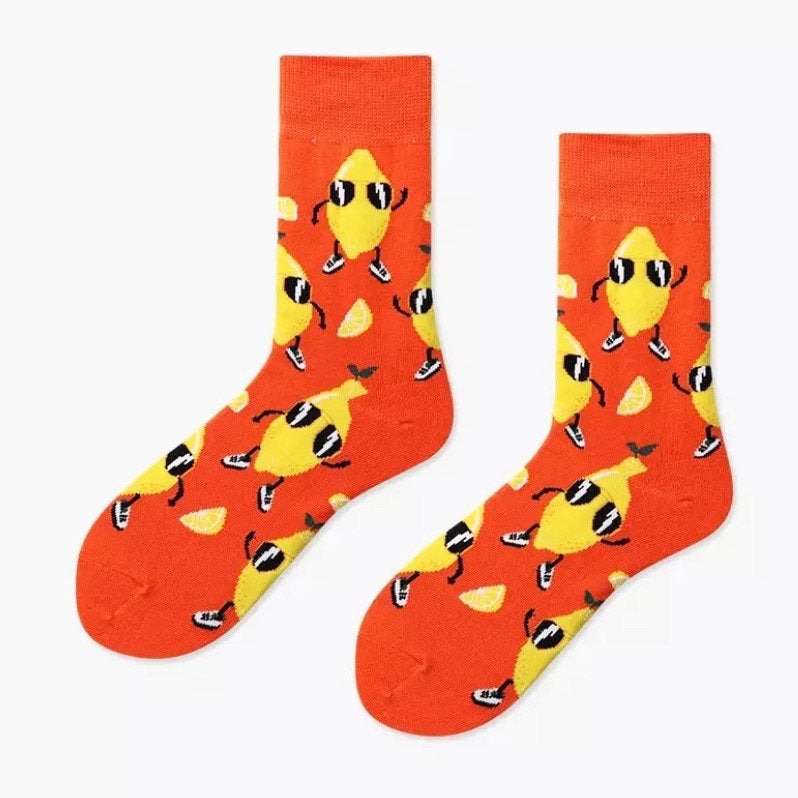 Happy Lemon Wearing Sunglasses Pattern Socks from the Sock Panda (Adult Medium)
