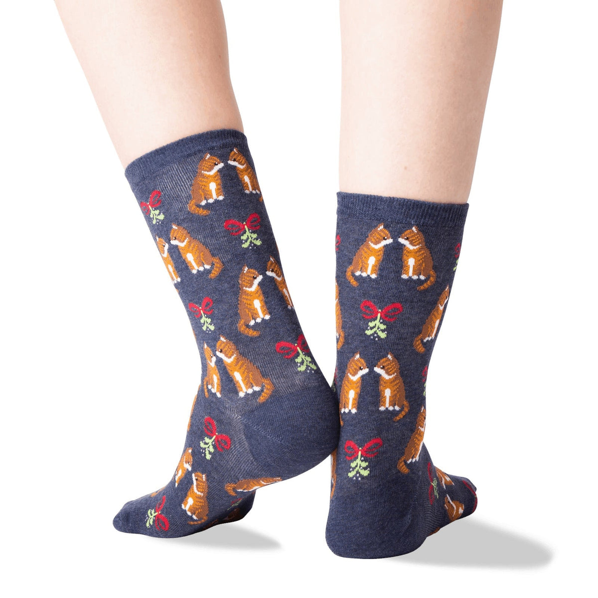 Mistletoe Cat Holiday Socks (Adult Medium - Women's Shoe Sizes 5 - 10) - Denim or Black
