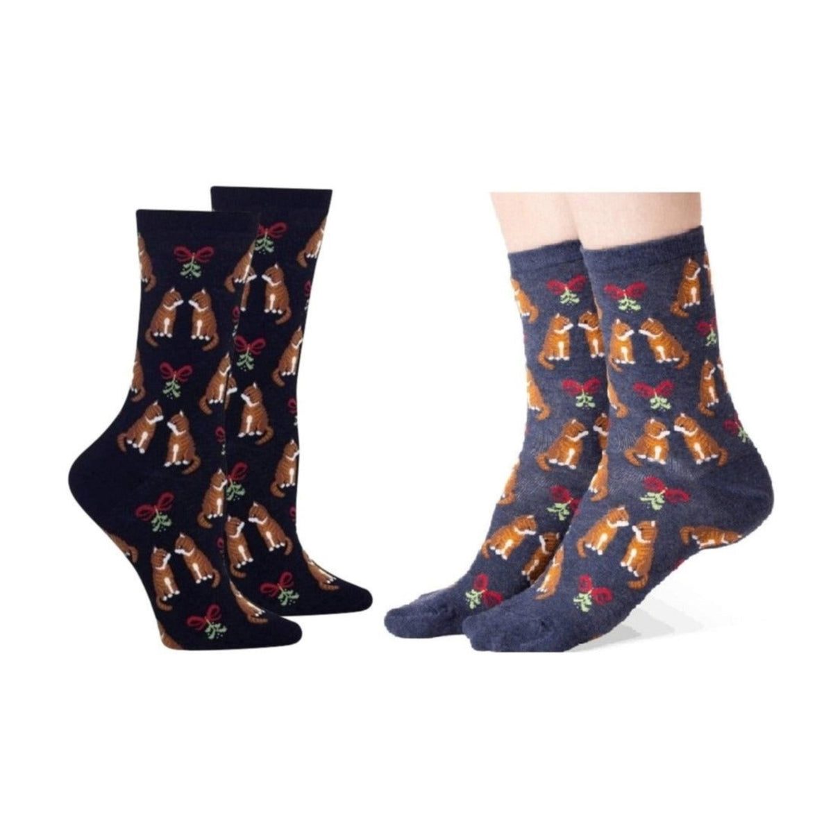 Mistletoe Cat Holiday Socks (Adult Medium - Women's Shoe Sizes 5 - 10) - Denim or Black