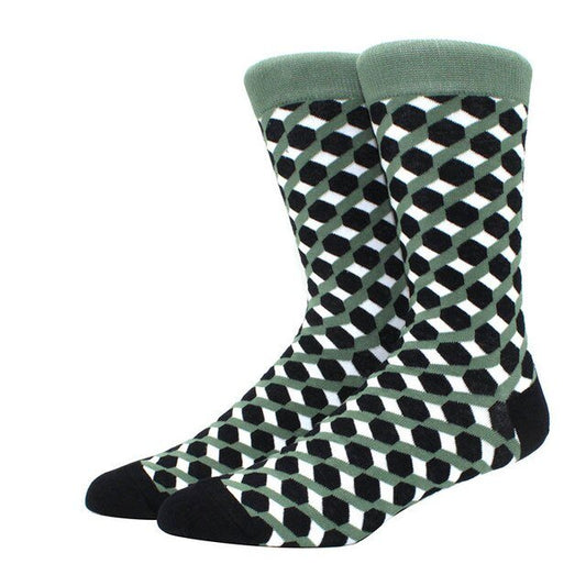Olive Green, Black and White 3D Cubed Patterned Socks (Adult Large)