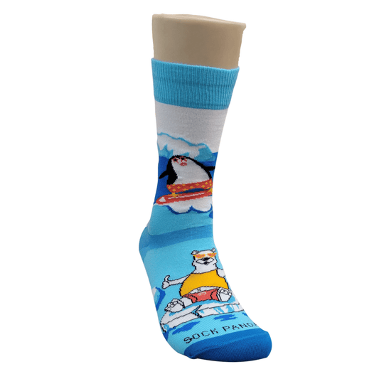 Penguin Surfing with a Cool Polar Bear Socks from the Sock Panda (Adult Small - Shoe Sizes 2 - 5)