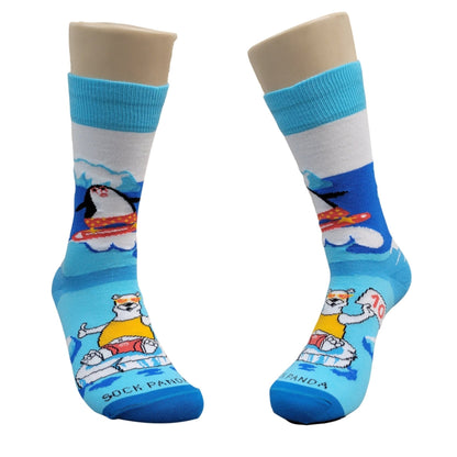 Penguin Surfing with a Cool Polar Bear Socks from the Sock Panda (Adult Small - Shoe Sizes 2 - 5)