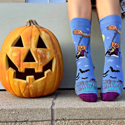 Pumpkin Head Swinging with an Owl by the Moon Socks (Adult Small - Shoe Sizes 2 - 5)