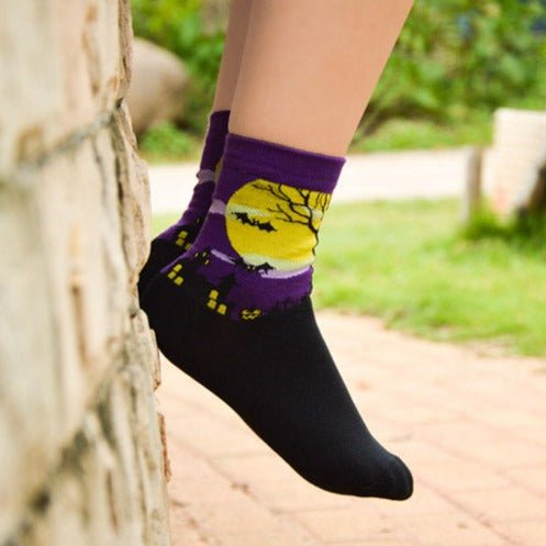 Purple Bat, Haunted House and Tree by the Moon Socks