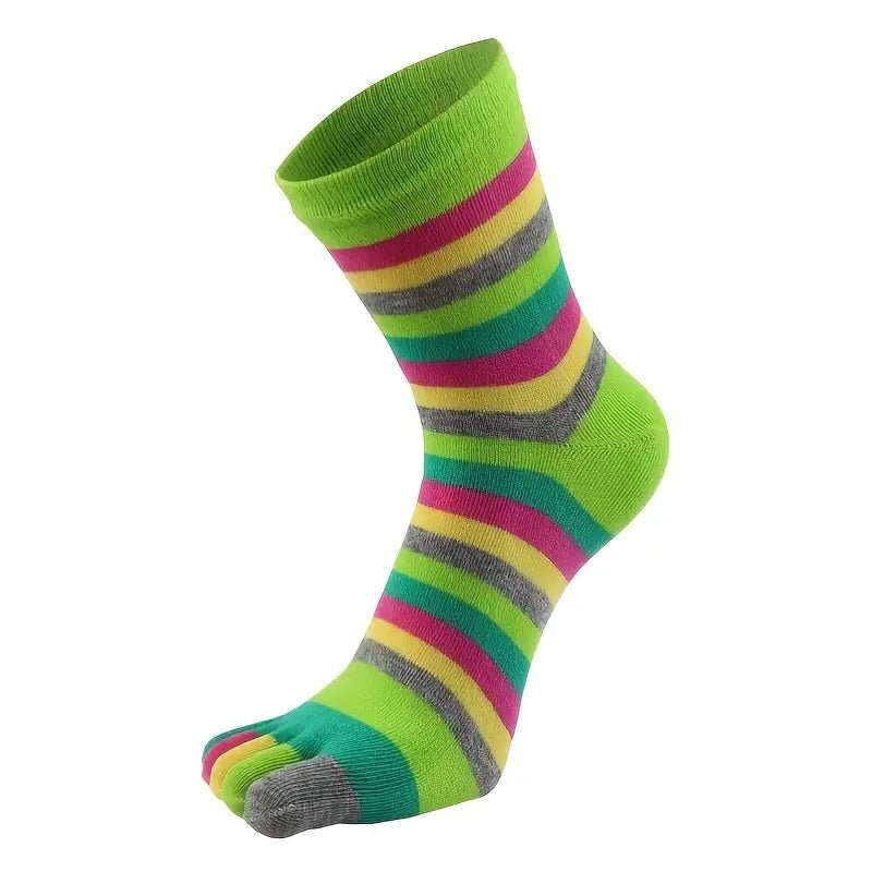Rainbow Striped Pattern Toe Socks (Adult Medium - Women's Shoe Sizes 5 - 10) - Green Accent