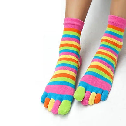 Rainbow Striped Pattern Toe Socks (Adult Medium - Women's Shoe Sizes 5 - 10) - Pink Accent