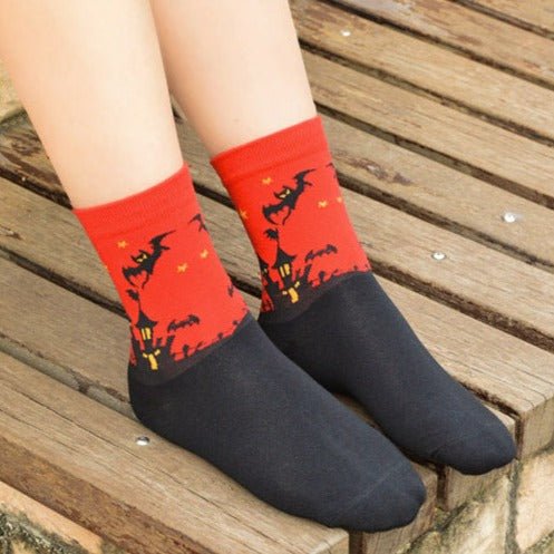 Red Bats and Ghost Over a Haunted House Socks