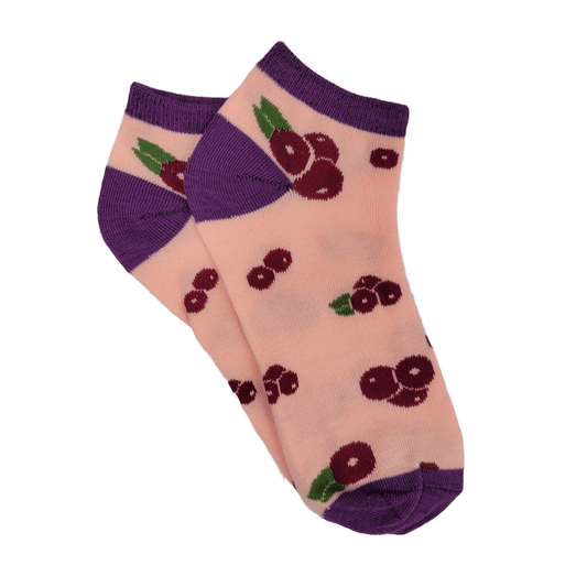 Red Cherry Pattern on Peach Ankle Socks (Adult Medium - Women's Shoe Sizes 5 - 10)