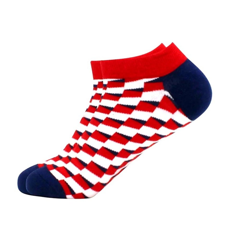 Red, White Blue 3D Cubed Patterned Ankle Socks (Adult Large - Men's Shoe Sizes 8 - 12)