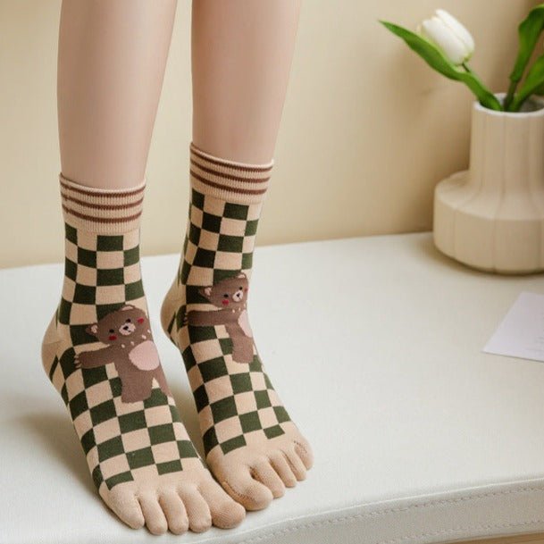 Teddy Bear Checker Pattern Toe Socks (Adult Medium - Women's Shoe Sizes 5 - 10)