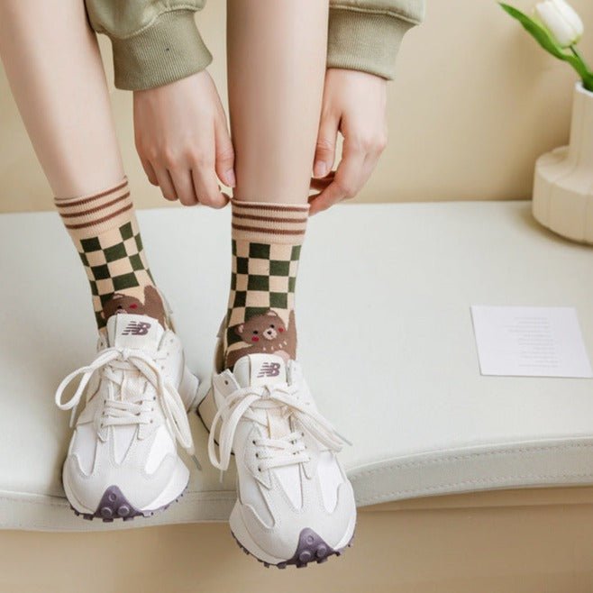 Teddy Bear Checker Pattern Toe Socks (Adult Medium - Women's Shoe Sizes 5 - 10)