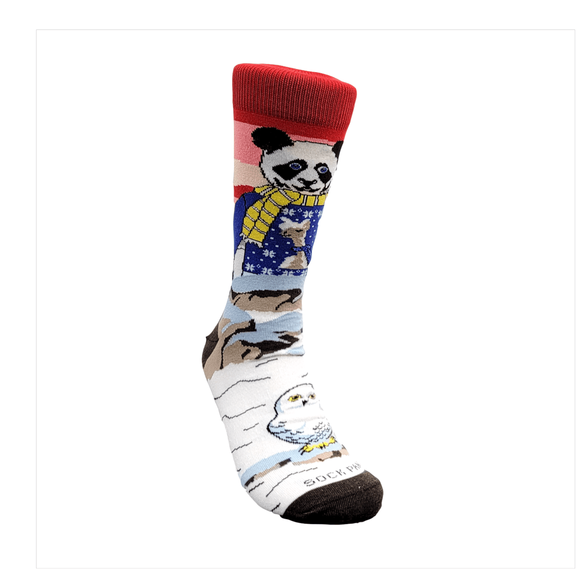 Winter Panda Wearing a Llama Sweater Watching a Snowy Owl (Adult Large - Men's Shoe Sizes 8 - 12)